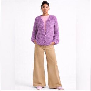 🧶 Fuzzy Merino Wool Oversized Cardigan Balloon Sleeves Purple Size L